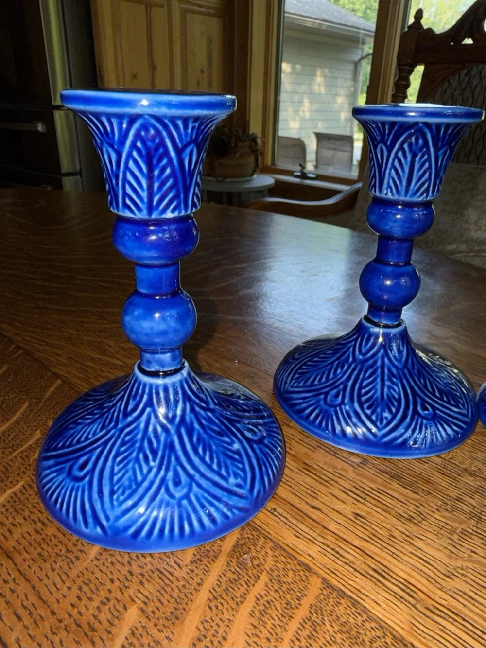 Bright Blue Embossed Ceramic Candlestick Holders - Set of 3